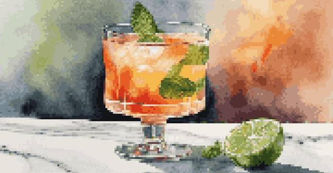 A gourmet cocktail displayed on a marble countertop, garnished with mint and citrus peel, illuminated by warm lighting.