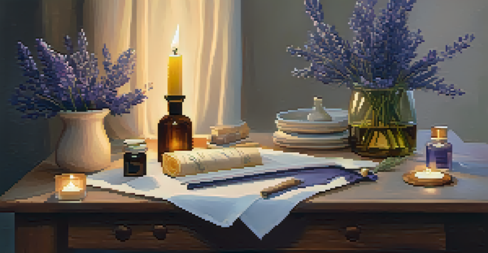 A warm and inviting candle-making workspace with essential oils and a glowing candle.