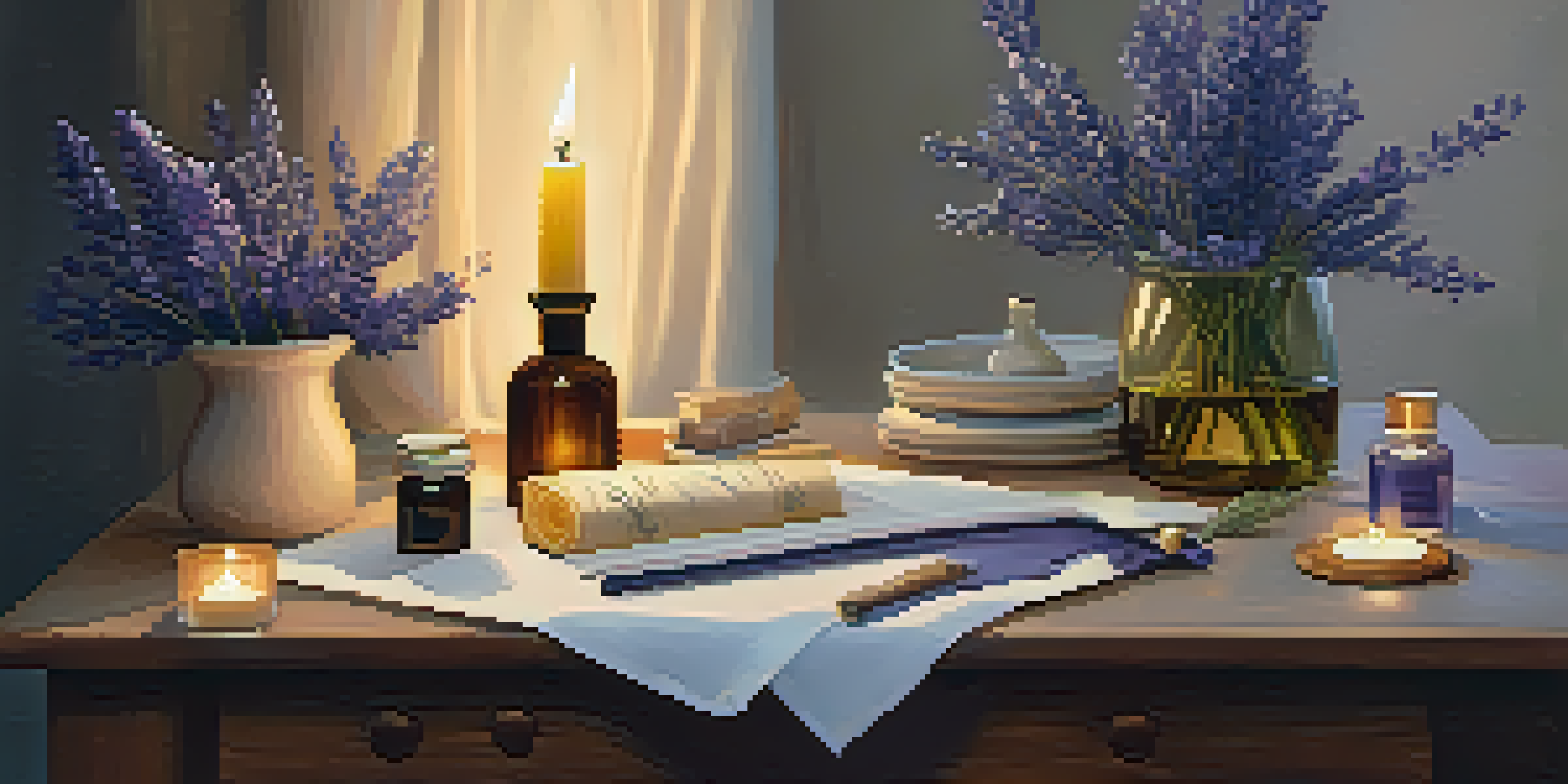 A warm and inviting candle-making workspace with essential oils and a glowing candle.