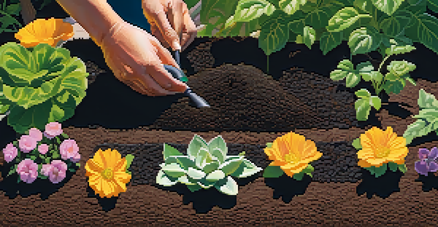 Close-up of hands planting seedlings in soil with colorful flowers in the background.