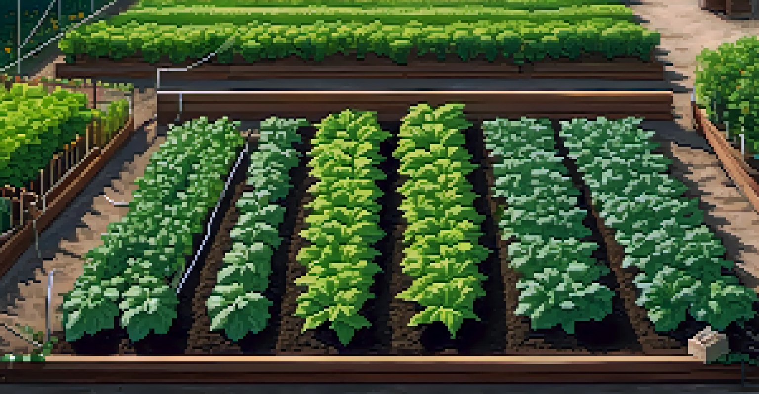An overhead view of a neat vegetable garden with lettuce and tomatoes, surrounded by garden tools.