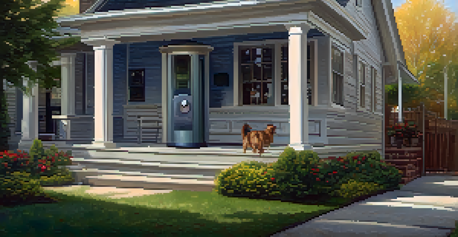 An outdoor scene showing a smart doorbell camera with a smartphone notification, highlighting home security technology.