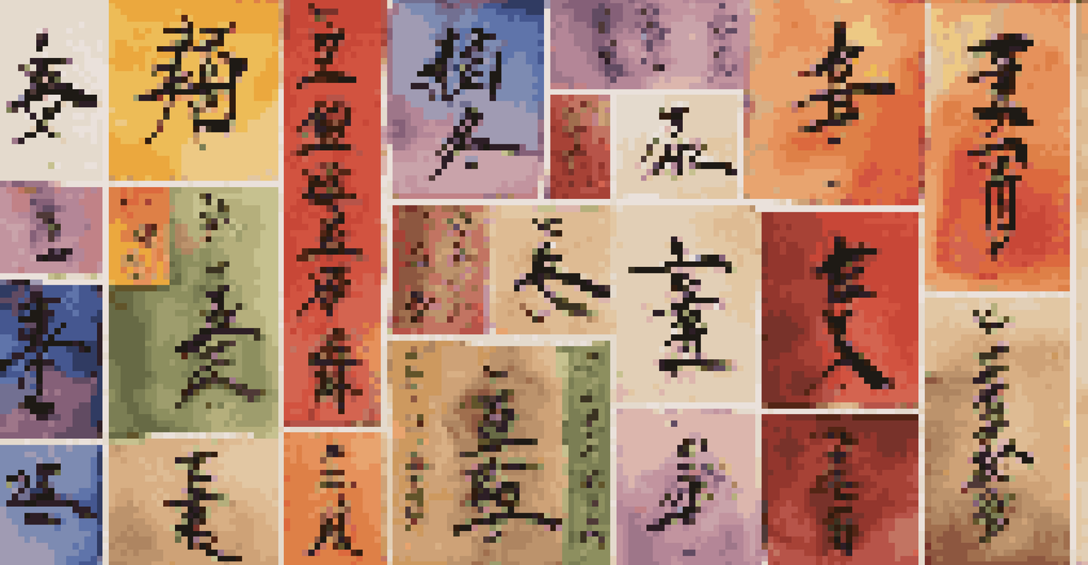 A colorful collage of different calligraphy styles from around the world, including Chinese, Japanese, and Latin scripts, each with unique backgrounds.