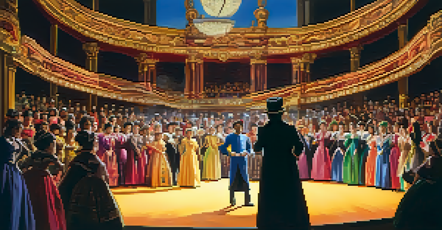 A theatrical performance on stage with actors in colorful costumes and an engaged audience.