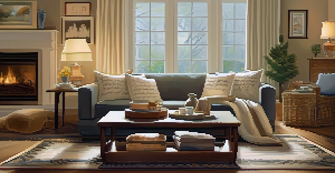 A cozy living room with a couch decorated with calligraphy pillows, a coffee table with a cup of tea, and warm lighting.