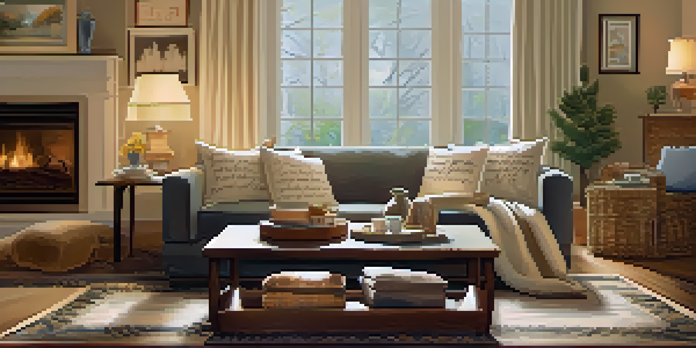 A cozy living room with a couch decorated with calligraphy pillows, a coffee table with a cup of tea, and warm lighting.