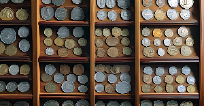 A close-up view of a coin collection in a wooden album, showing various coins under soft natural light.
