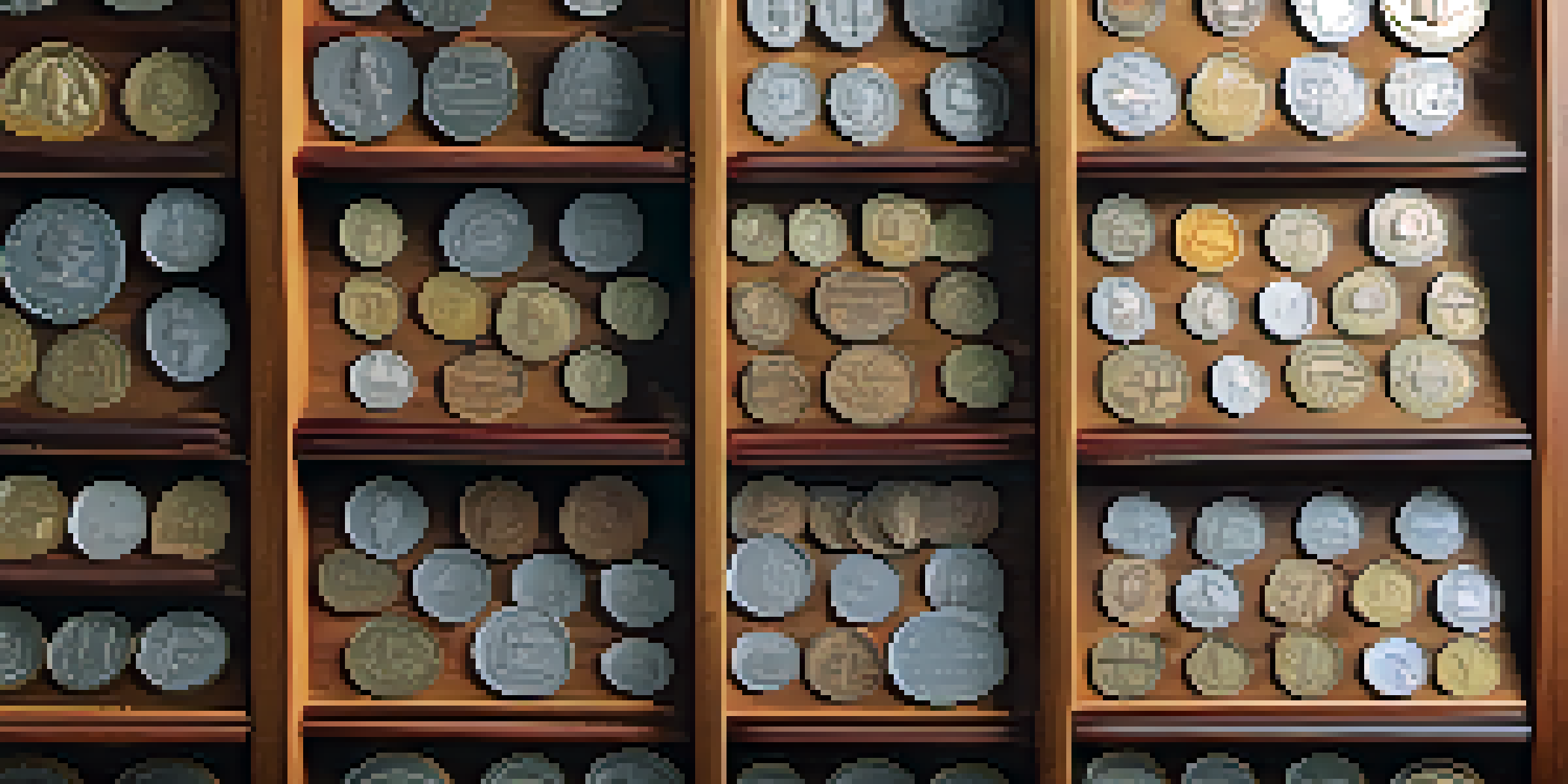 A close-up view of a coin collection in a wooden album, showing various coins under soft natural light.
