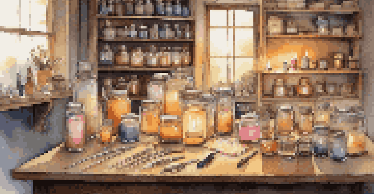 An organized candle-making workspace with jars of colorful wax, fragrance oils, and unfinished candles, all illuminated by warm overhead lighting.