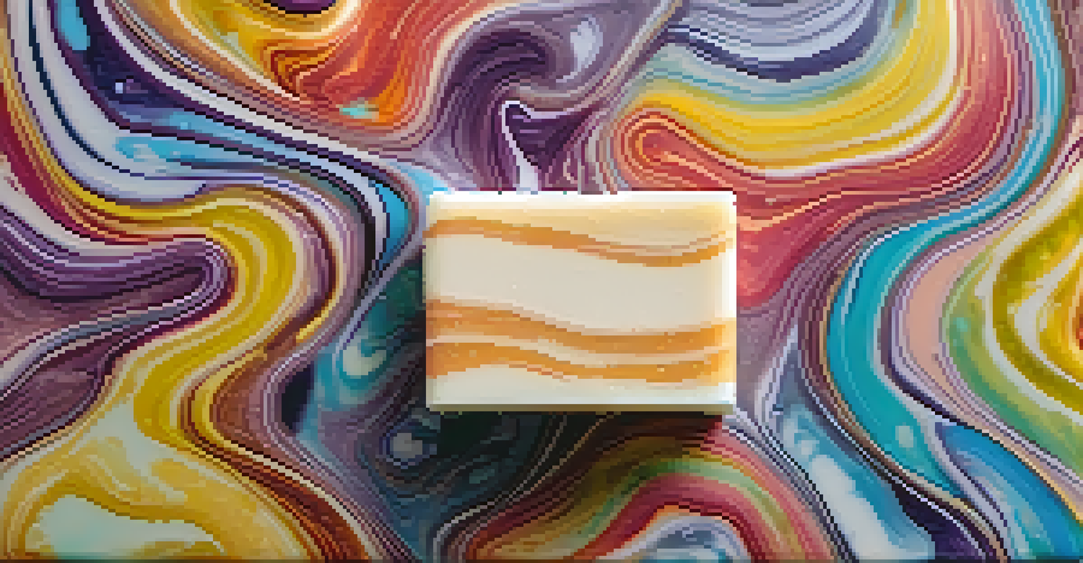 A close-up of a colorful handcrafted soap bar with botanical details on a marble surface, glistening with water droplets.