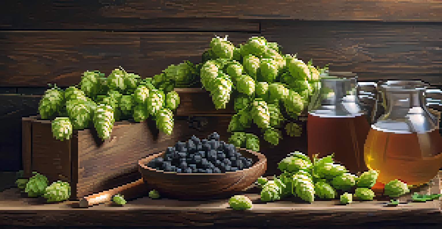 Different varieties of hops arranged on a wooden table with labels.