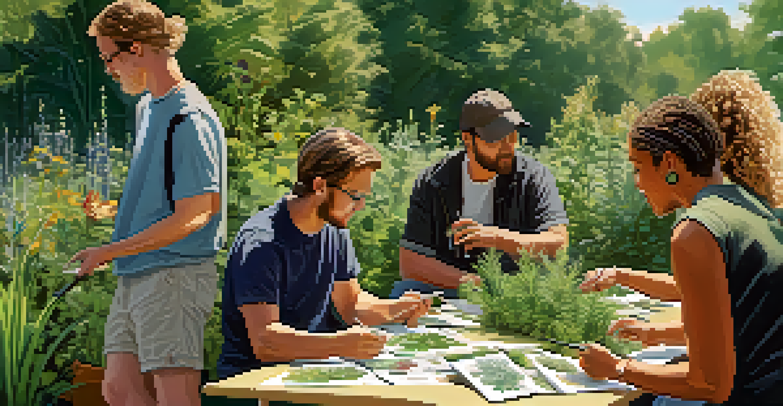 A group of people participating in a plant identification workshop outdoors, surrounded by plants and field guides in a sunlit park.