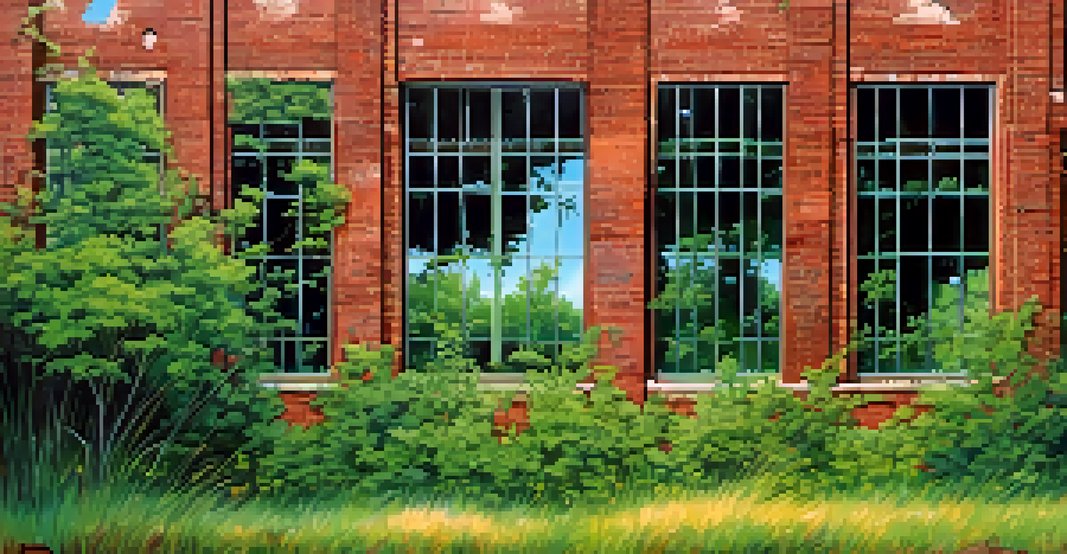 An overgrown abandoned school building with a cracked brick facade and nature taking over the structure.