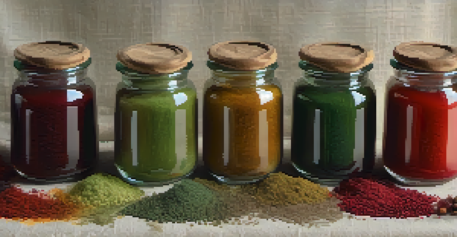 A flat lay of colorful natural dye solutions in glass jars on a linen cloth, with dye materials like berries and spices around them.
