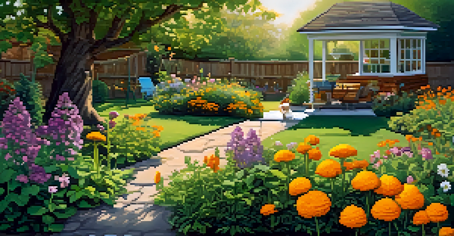 A garden with herbs and flowers around a bird feeder, attracting birds and deterring a distant squirrel.
