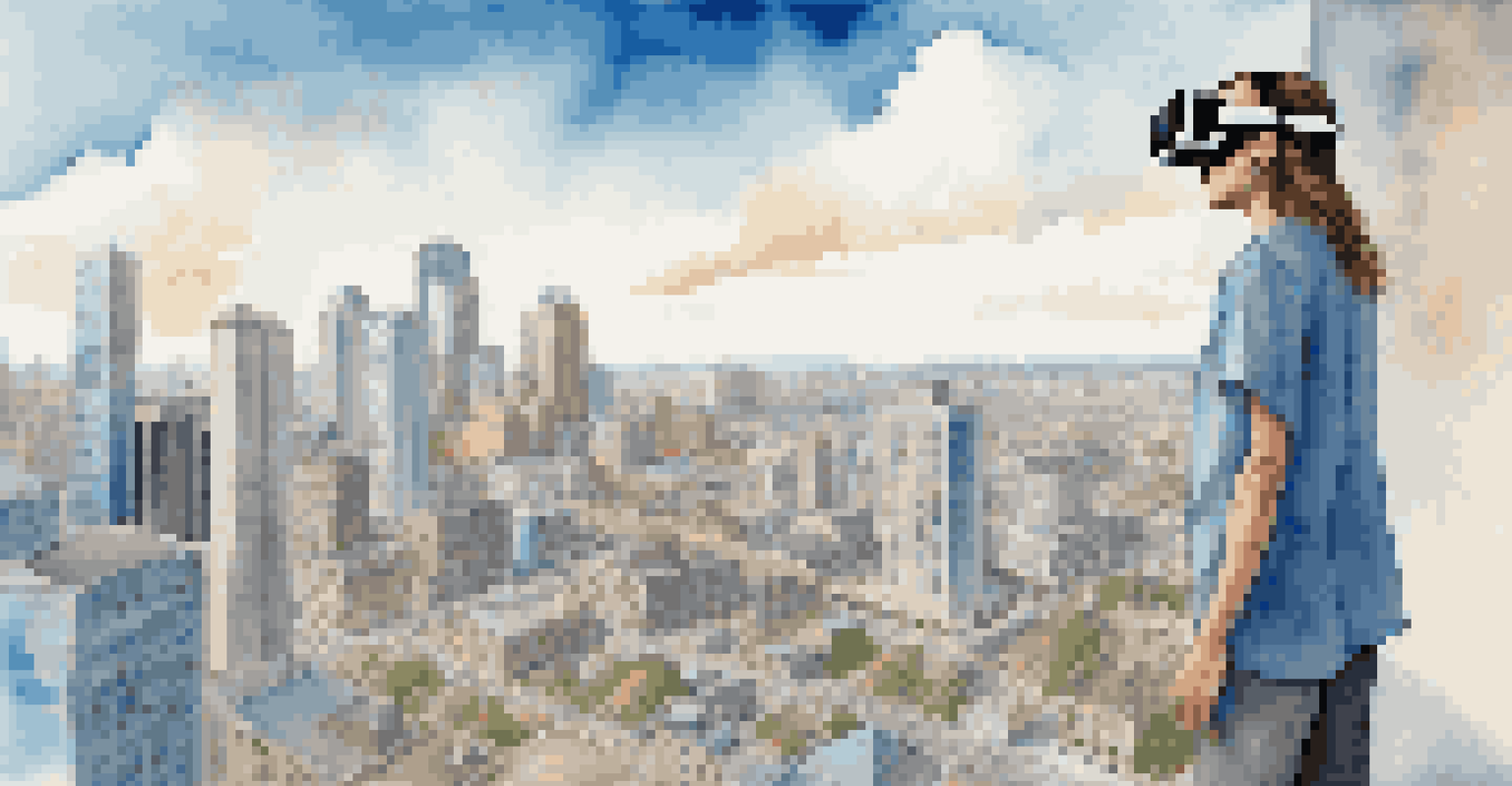A patient in a VR headset stands on a ledge in a virtual cityscape, showcasing confidence.