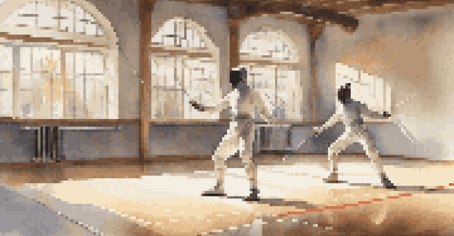 Two fencers practicing footwork drills in a training hall, showcasing various stances with soft natural light illuminating the scene.