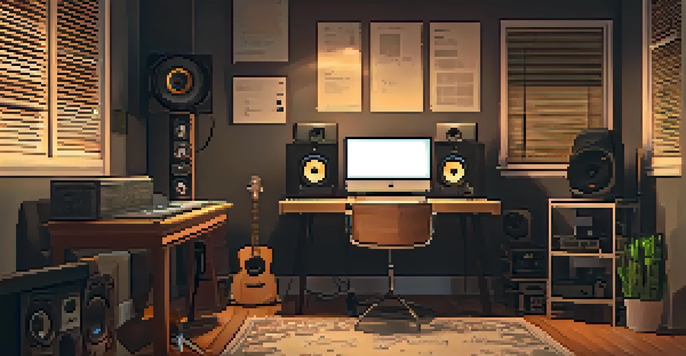 A cozy home recording studio with a microphone, headphones, and a computer, surrounded by soundproofing panels and creative materials.
