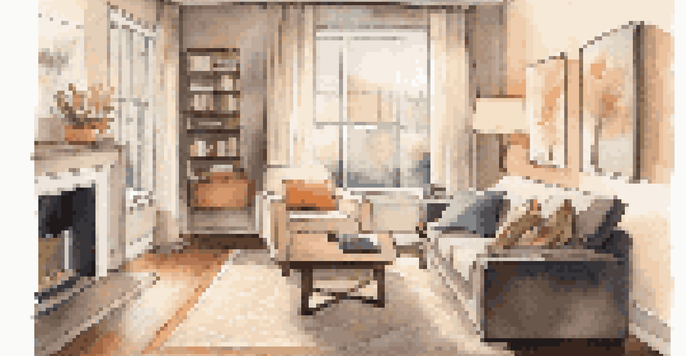 A warm and inviting living room with a lamp connected to a smart plug, showcasing comfortable furniture and natural light.