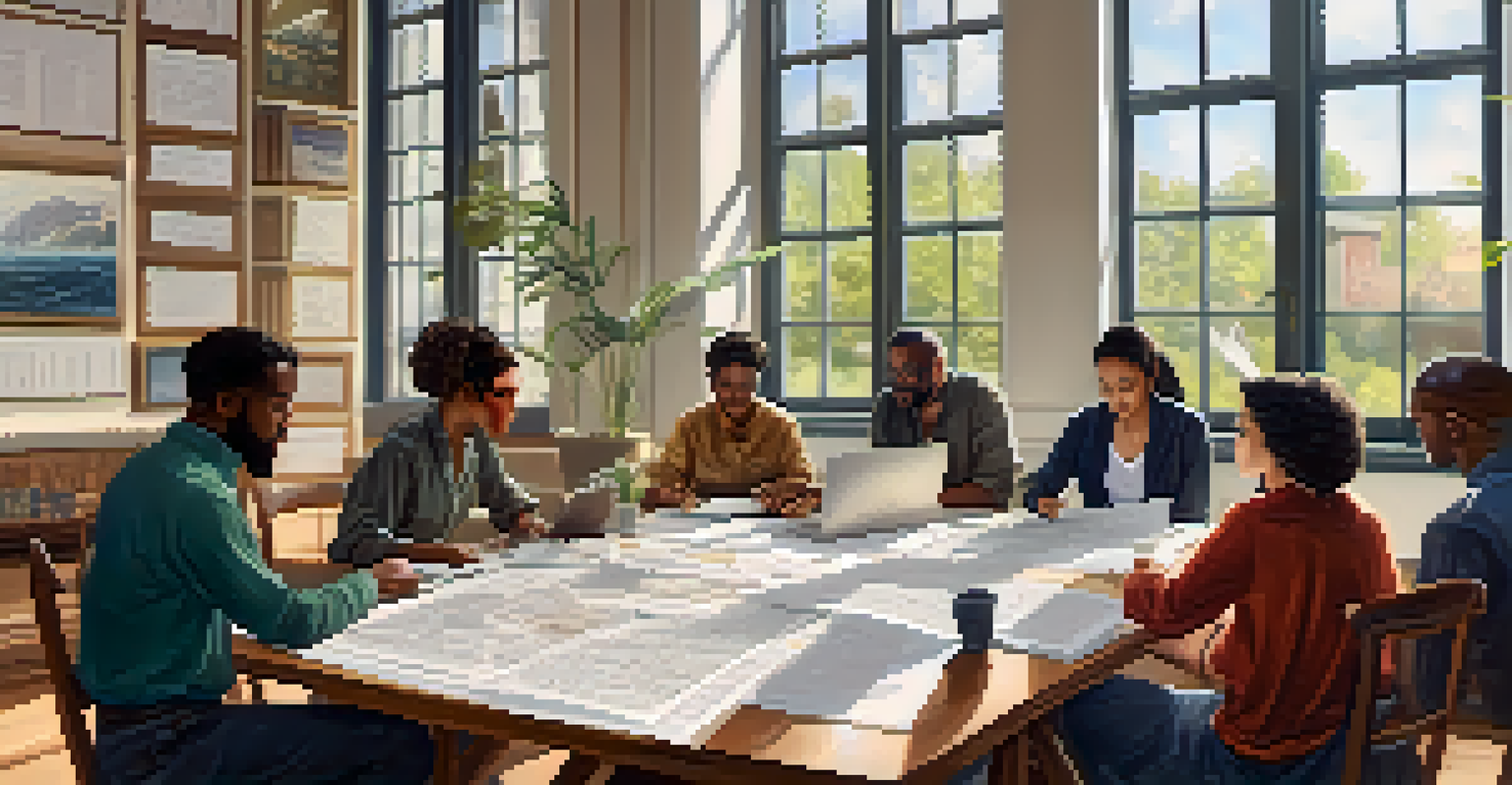 A diverse group of individuals collaborating on a historical research project at a table, surrounded by documents, laptops, and a bright, airy room.