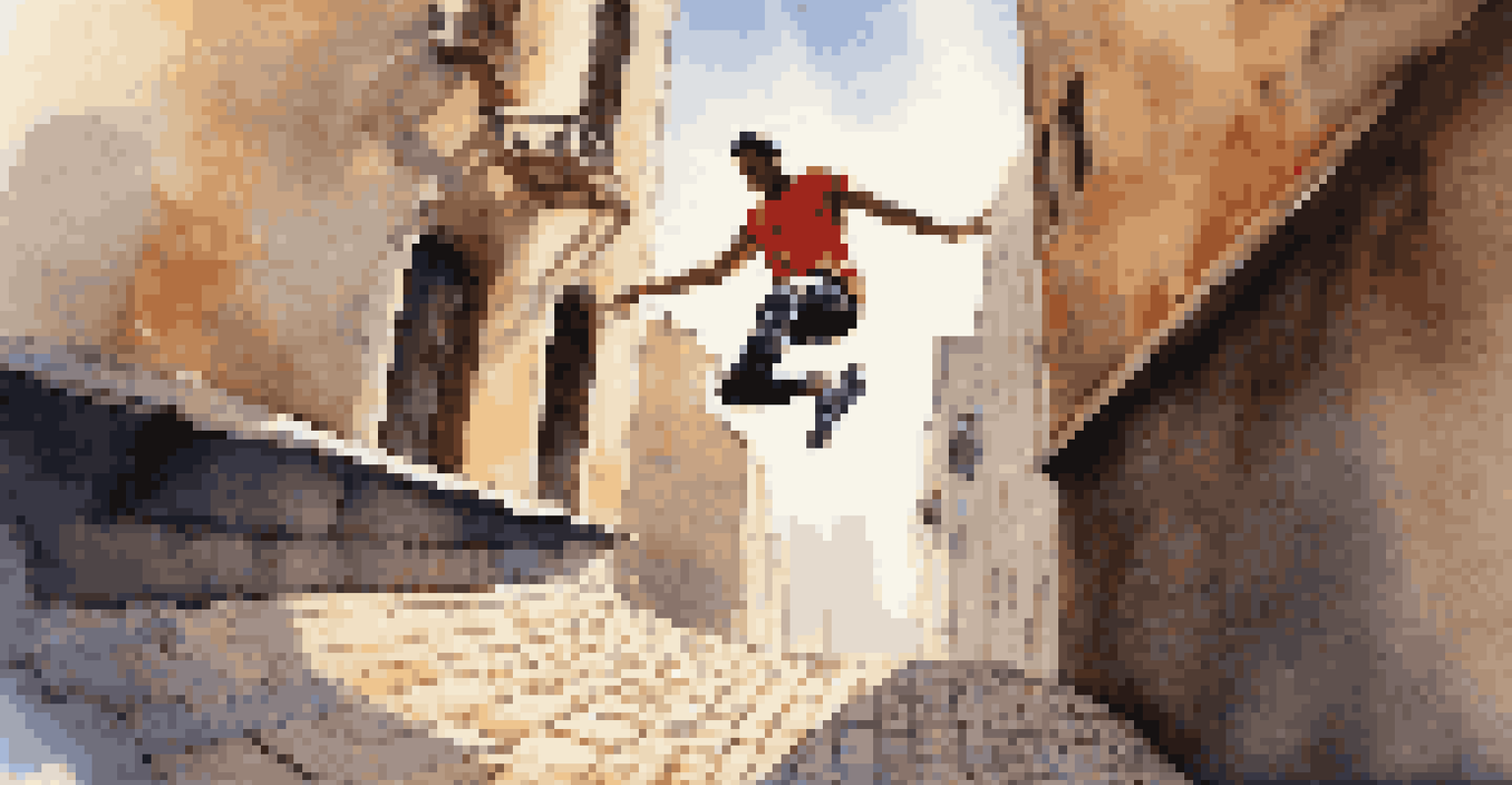 Close-up of a parkour athlete's feet making a precision jump over a gap between buildings, with cobblestone ground below.