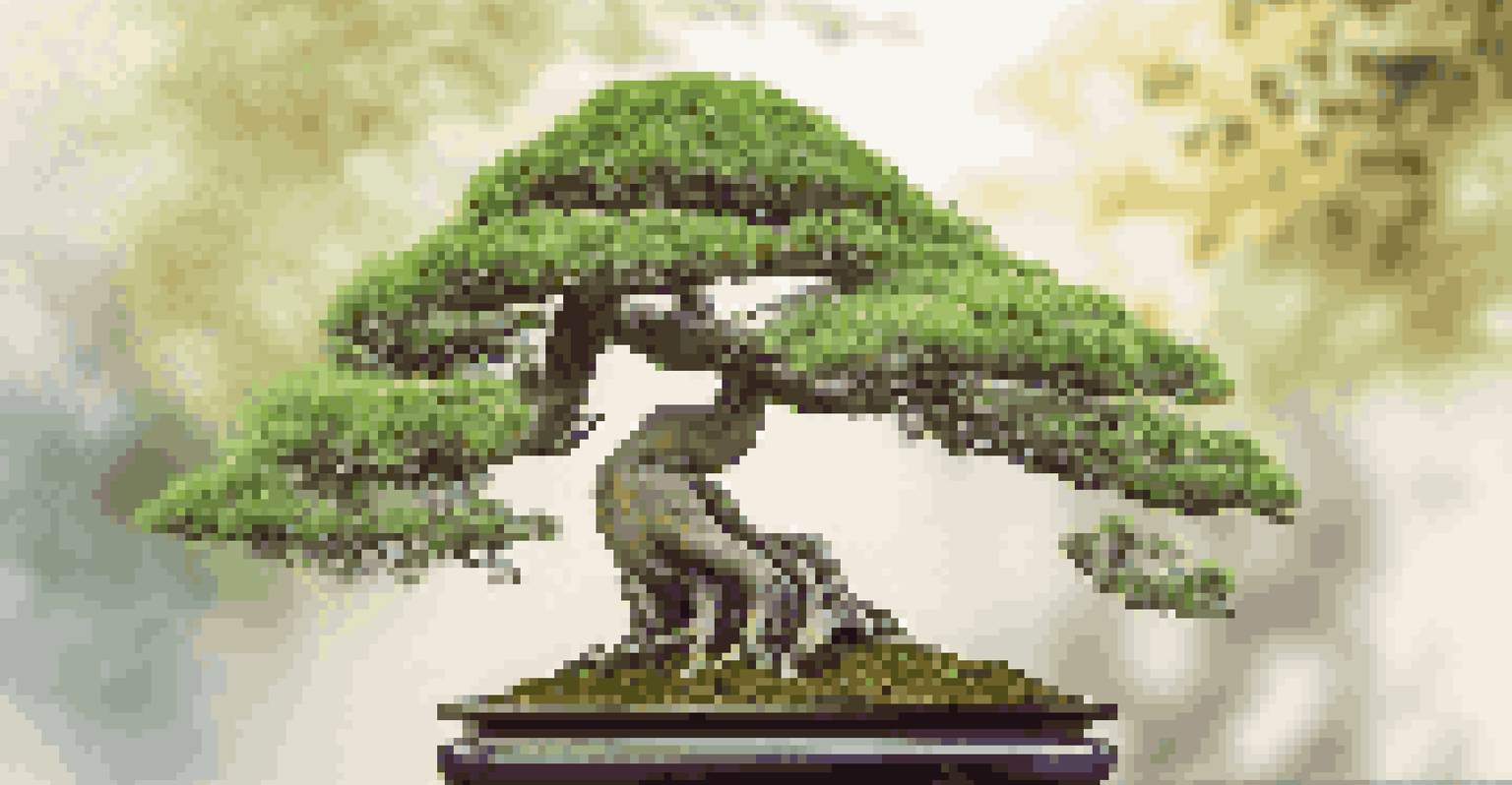 A detailed close-up of a finely shaped bonsai tree with intricate branches and foliage against a softly blurred outdoor background.
