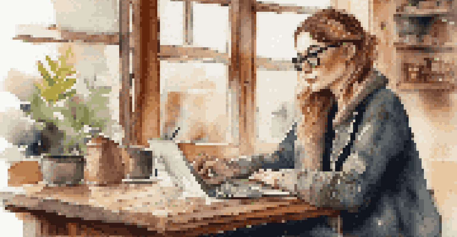 A travel blogger working on a laptop in a cozy café with a cup of coffee.