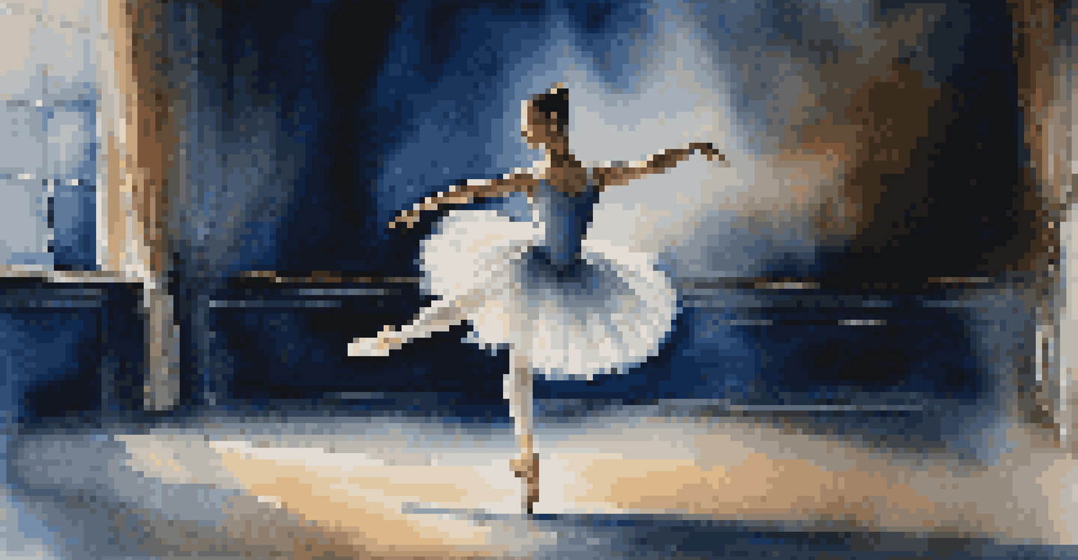 A ballet dancer in a white tutu leaping gracefully on a dimly lit stage, with a blue velvet curtain in the background and soft spotlighting highlighting her form.