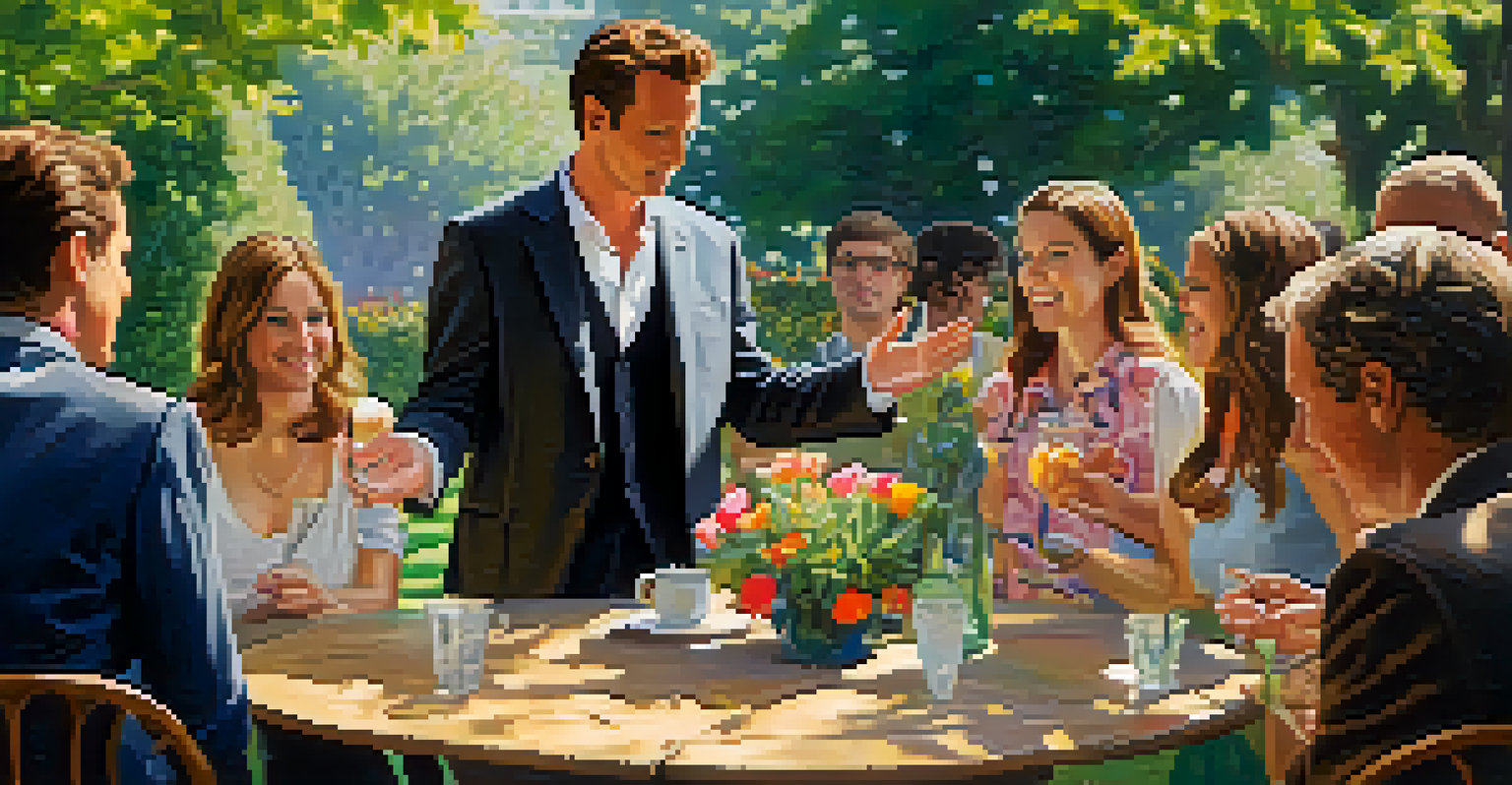 A mentalist performing an illusion outdoors with a small group of amazed spectators in a lush garden.
