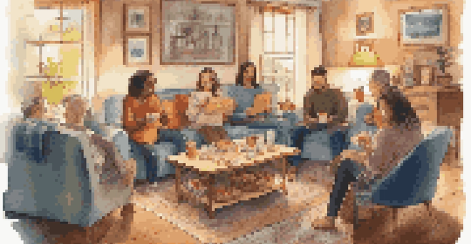 A group of friends enjoying a card game in a warm and inviting living room, filled with colorful cards and snacks.