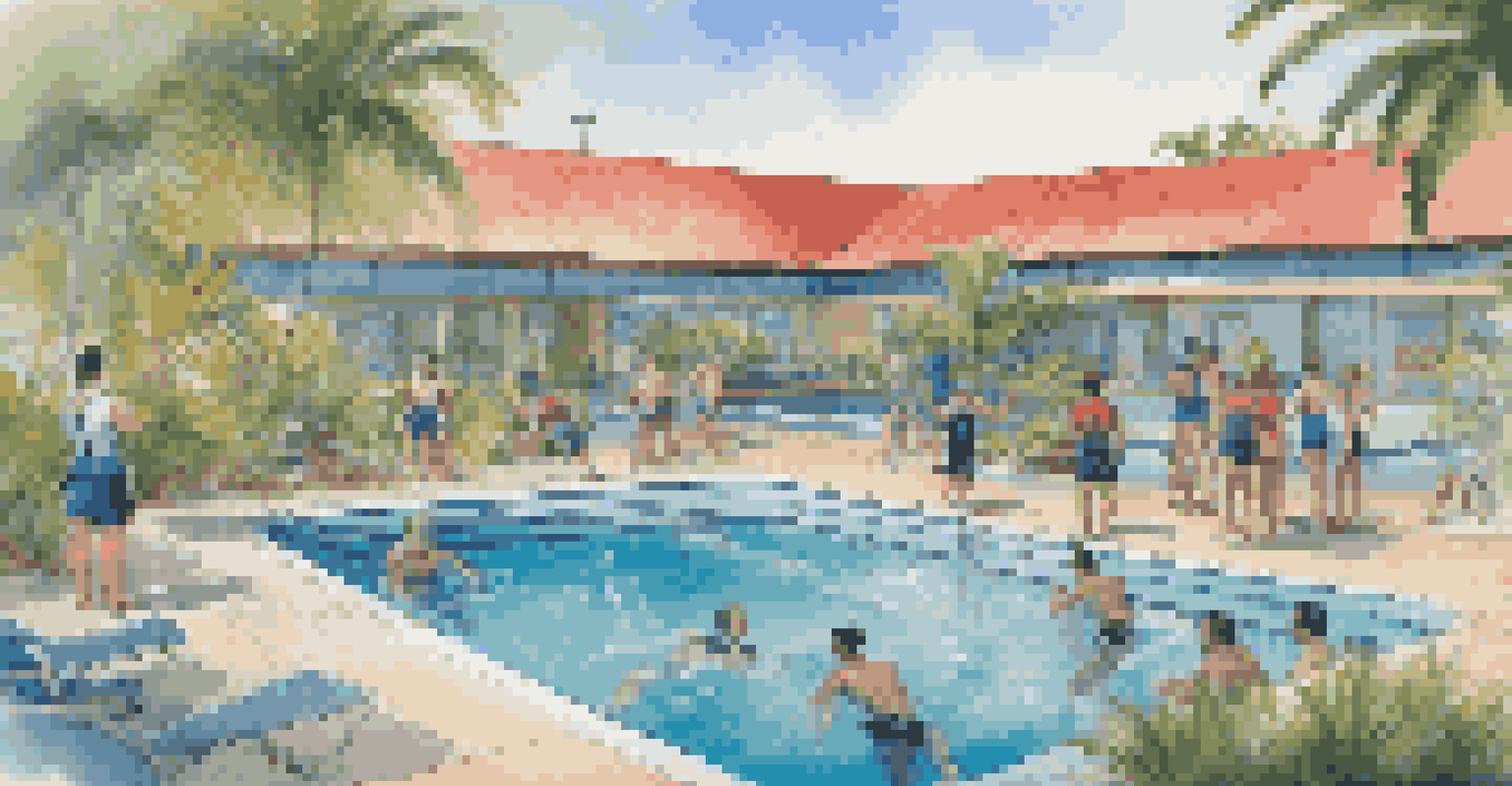A scuba diving school with students practicing in a training pool and instructors guiding them.