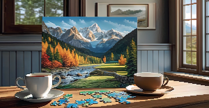 A wooden dining table with a half-completed 500-piece puzzle of a mountain landscape, a cup of tea nearby, and sunlight streaming through a window.