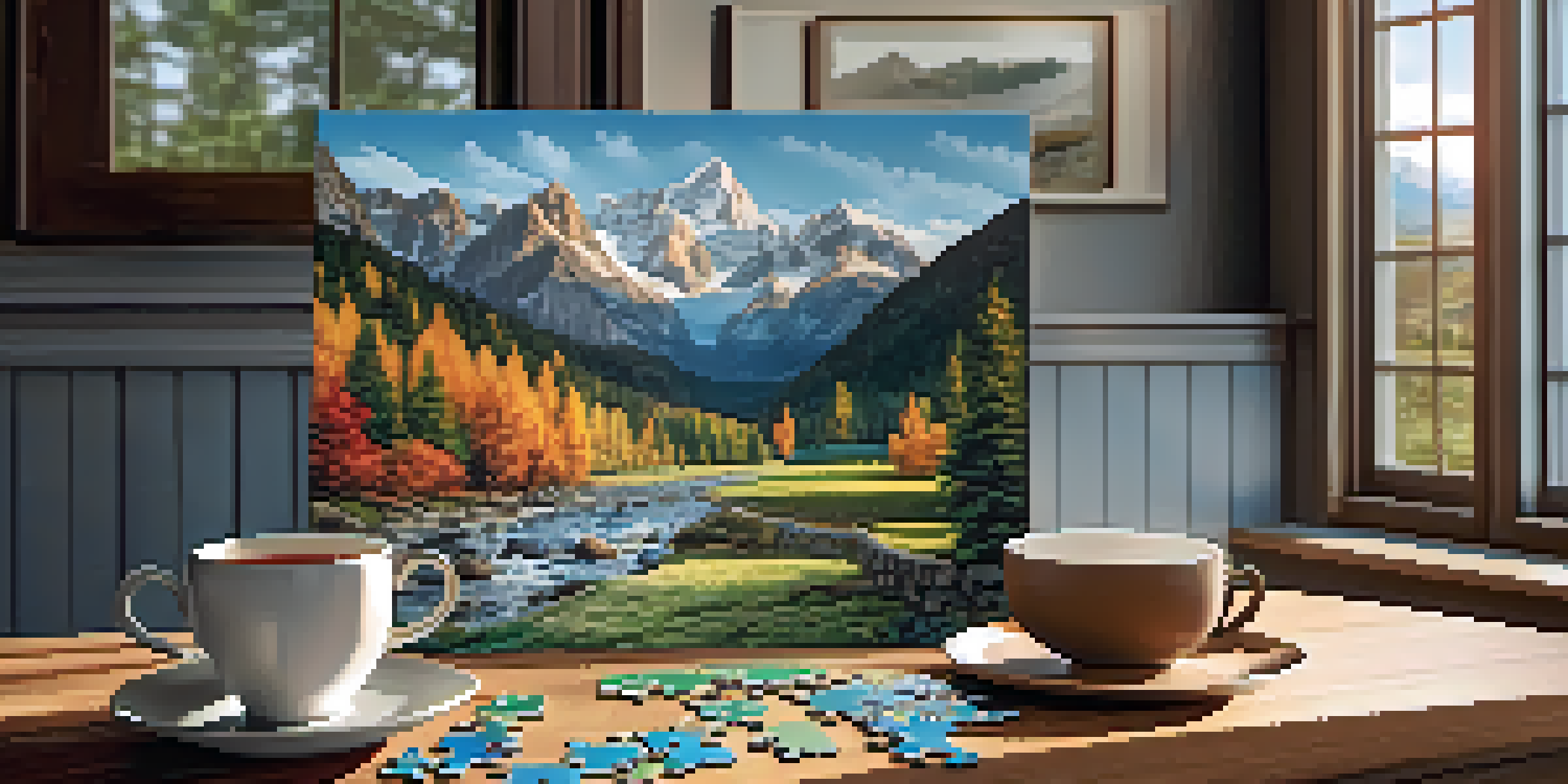 A wooden dining table with a half-completed 500-piece puzzle of a mountain landscape, a cup of tea nearby, and sunlight streaming through a window.