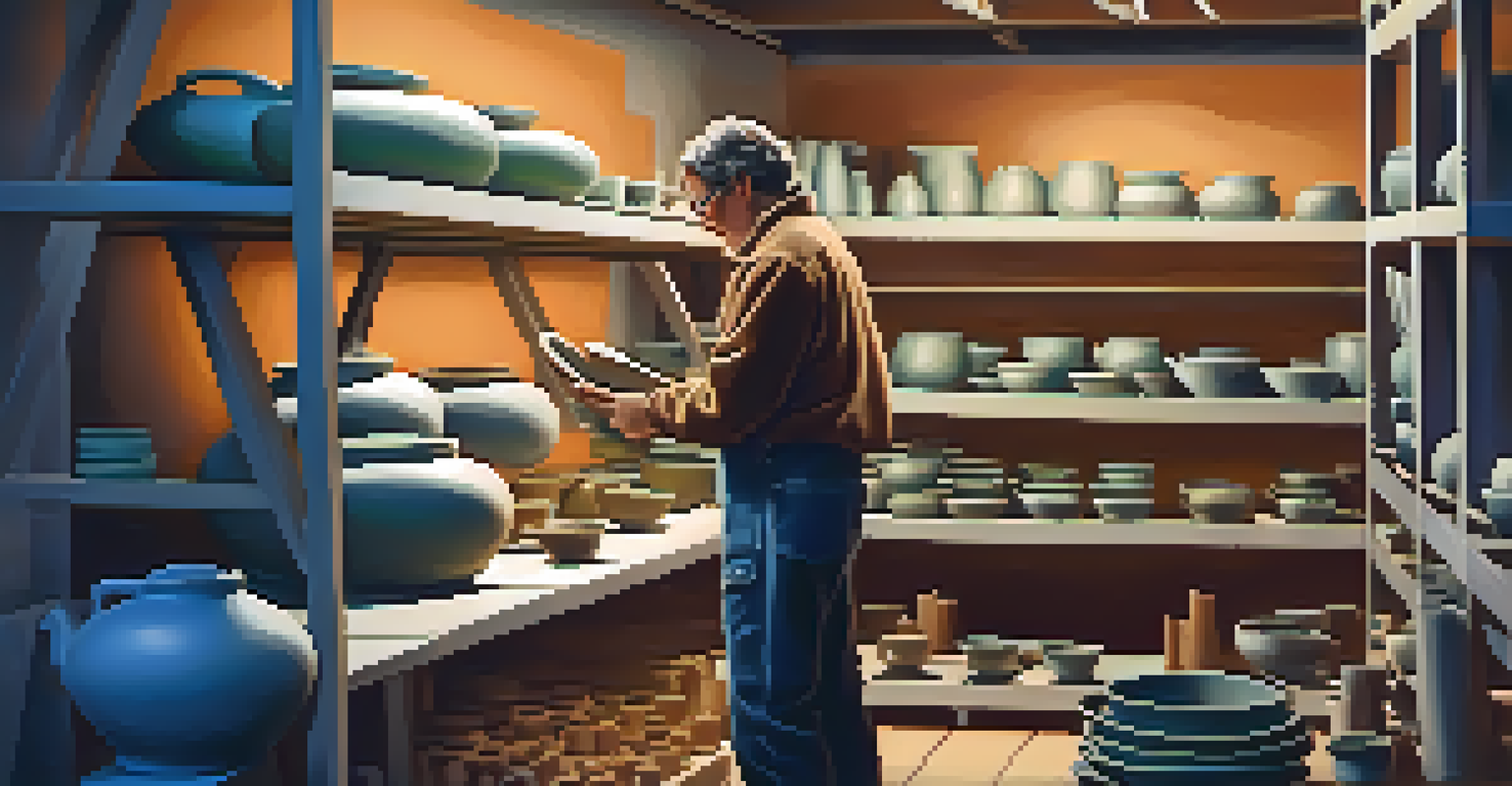 An artist loading a kiln with pottery, highlighting the kiln's warm glow and the artist's concentration.