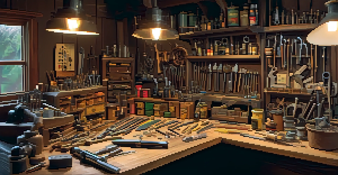 An organized model train workshop with a wooden workbench displaying essential tools like a hobby knife, scissors, and a magnifying glass, illuminated by warm lighting.