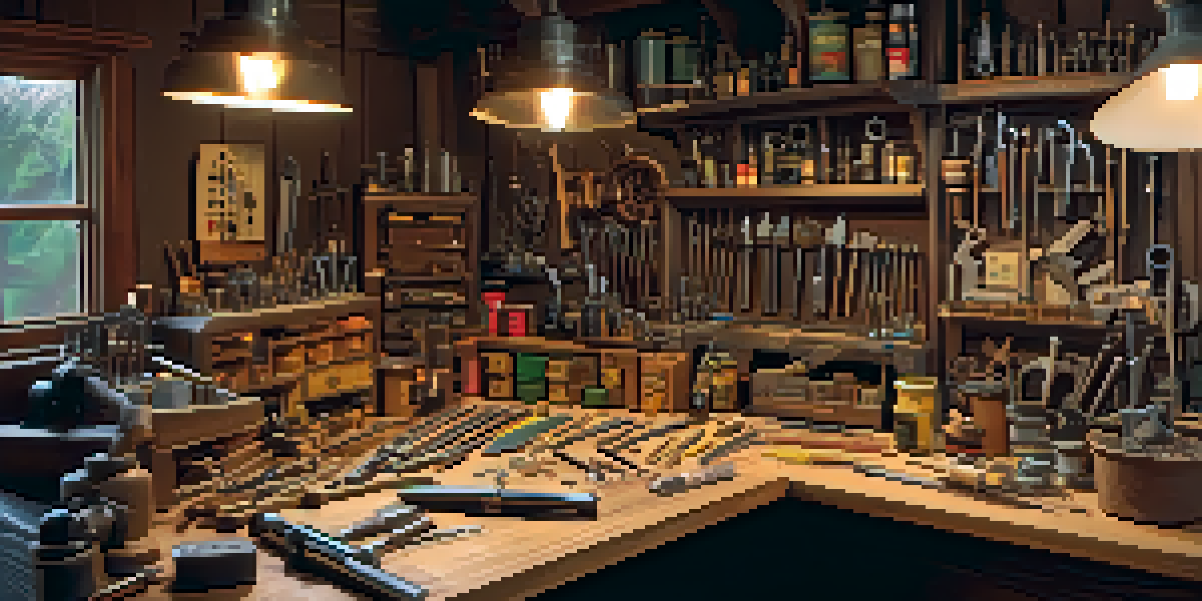An organized model train workshop with a wooden workbench displaying essential tools like a hobby knife, scissors, and a magnifying glass, illuminated by warm lighting.