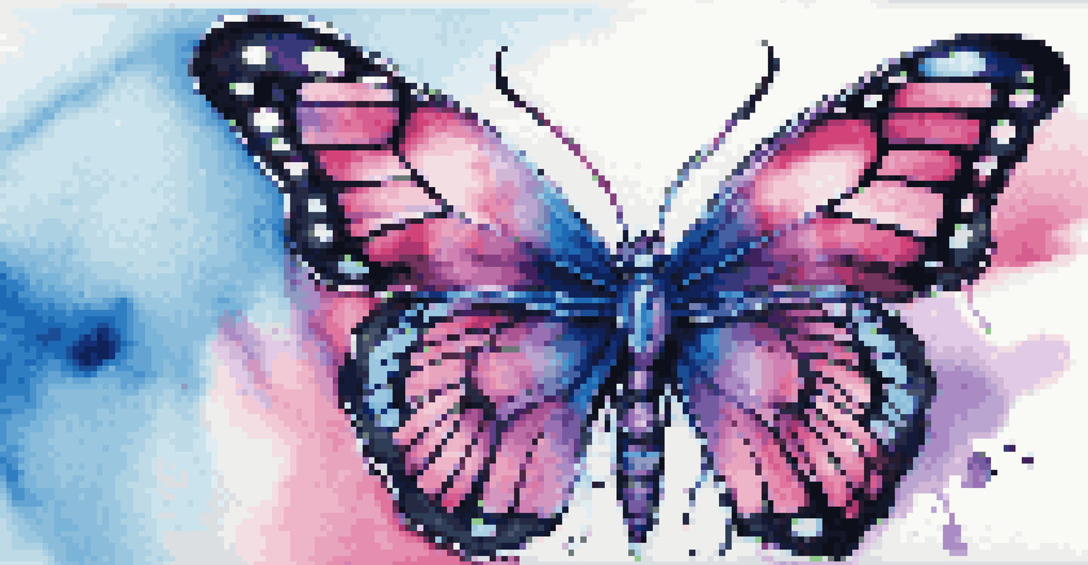 A close-up of a colorful watercolor tattoo of a butterfly on skin.