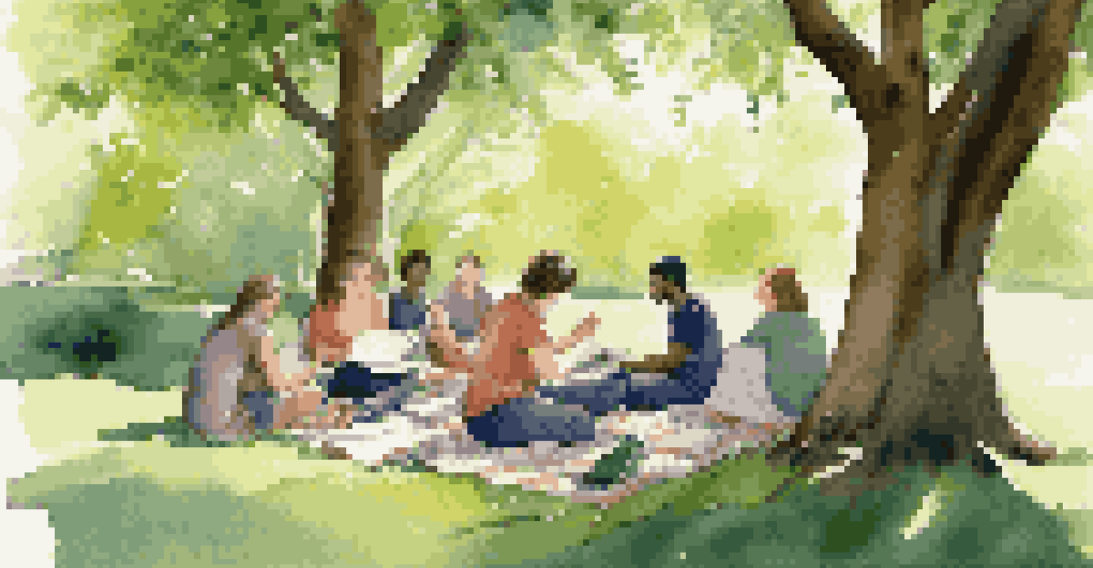 Writers gathered on picnic blankets under a tree, sharing ideas in a green park.