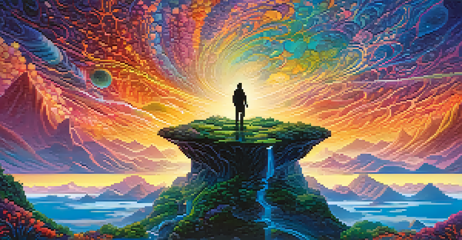 A silhouette of a traveler exploring a mystical landscape with colorful skies and glowing plants.
