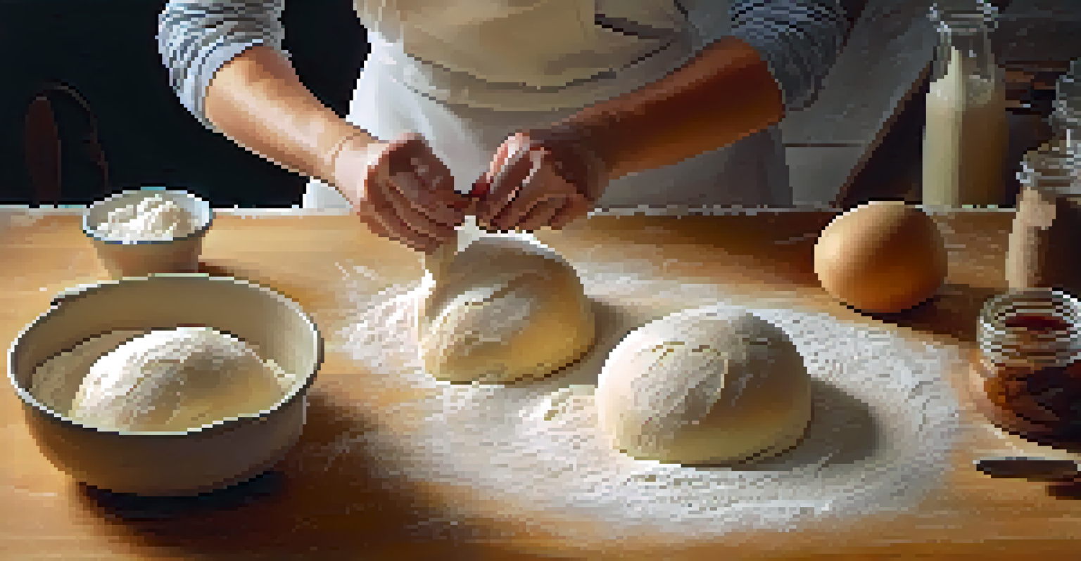 An overhead view of a baker's hands shaping dough into a round boule on a floured wooden surface, surrounded by baking ingredients like flour and yeast.