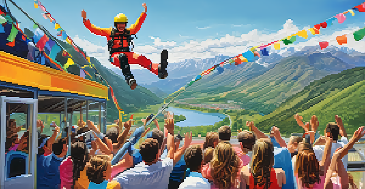 A bungee jumper celebrating after landing safely on the platform with friends cheering.