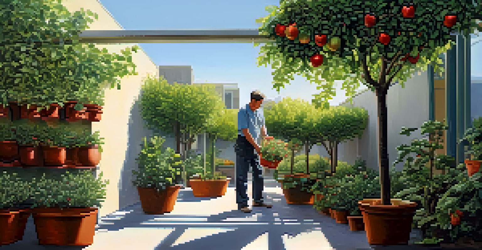 An urban garden with several fruit trees in containers, a gardener tending to the plants under bright sunlight.