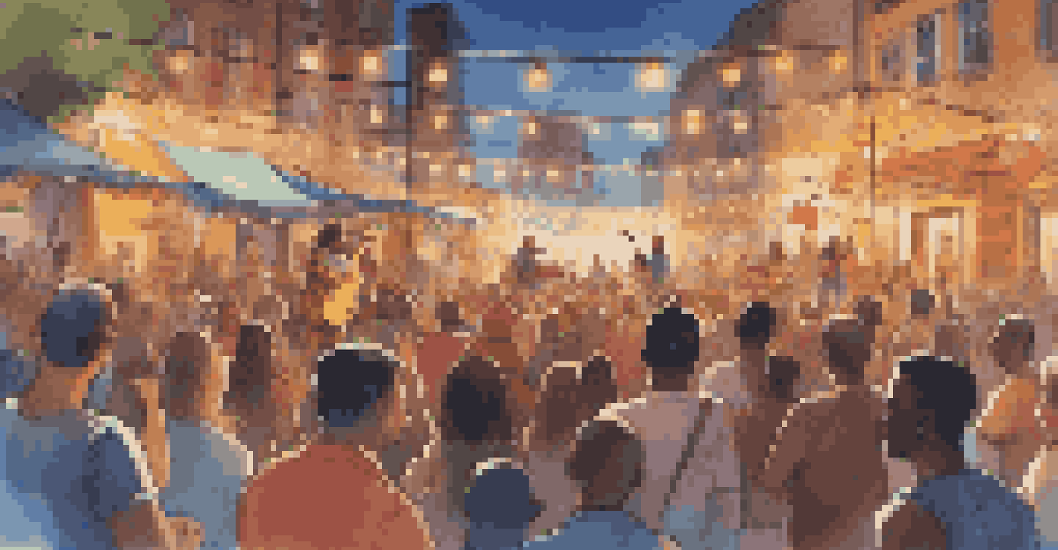 A street festival scene with a musician performing, a lively crowd, colorful decorations, and an energetic atmosphere.