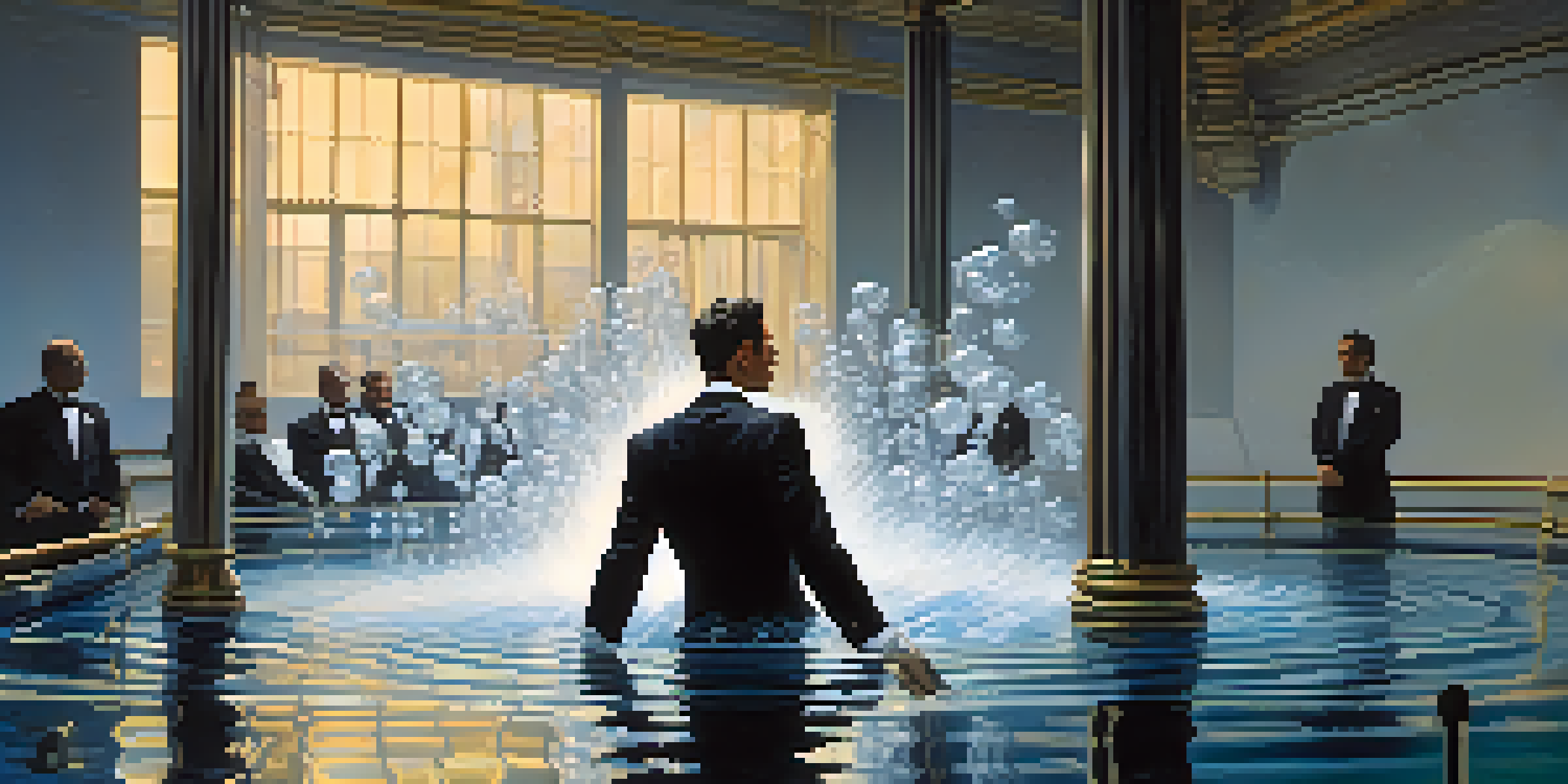 A male escape artist in a tuxedo, submerged in a glass water tank, surrounded by an audience, with dramatic lighting and rising bubbles.