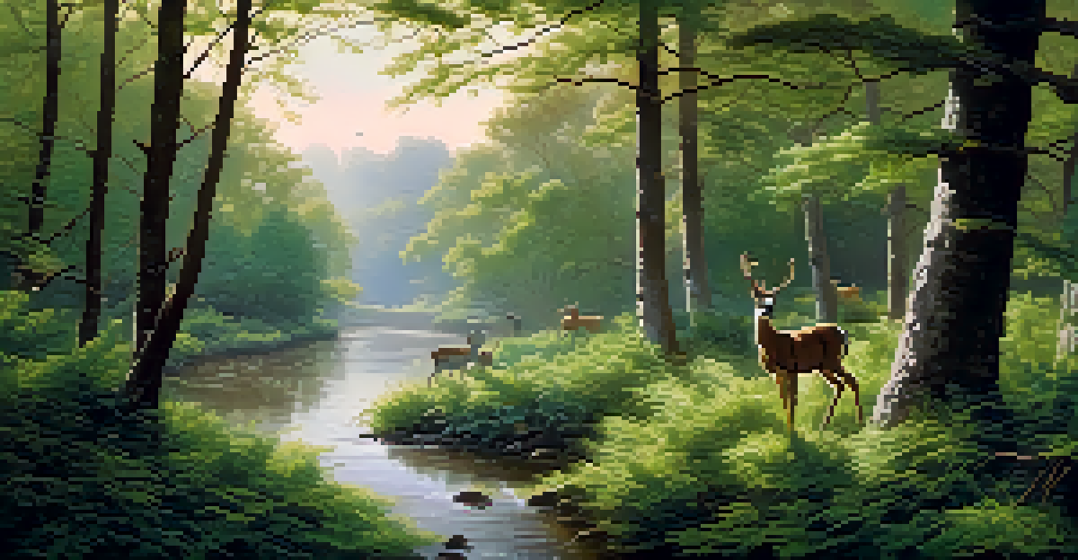 A miniature forest landscape with swaying trees and a flowing river, featuring wildlife figures under soft sunlight.