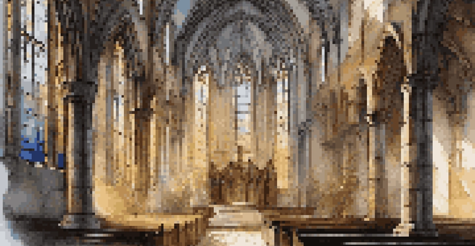 Interior of an abandoned Gothic church with stained glass windows, sunlight filtering through, and vines on stone walls.