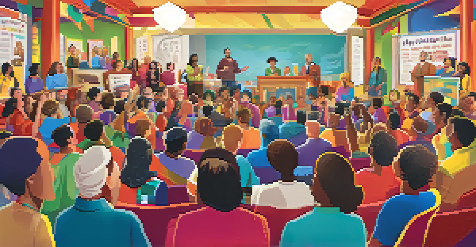 A colorful poster illustrating audience engagement techniques, featuring a storyteller, laughing audience, and participants raising hands.