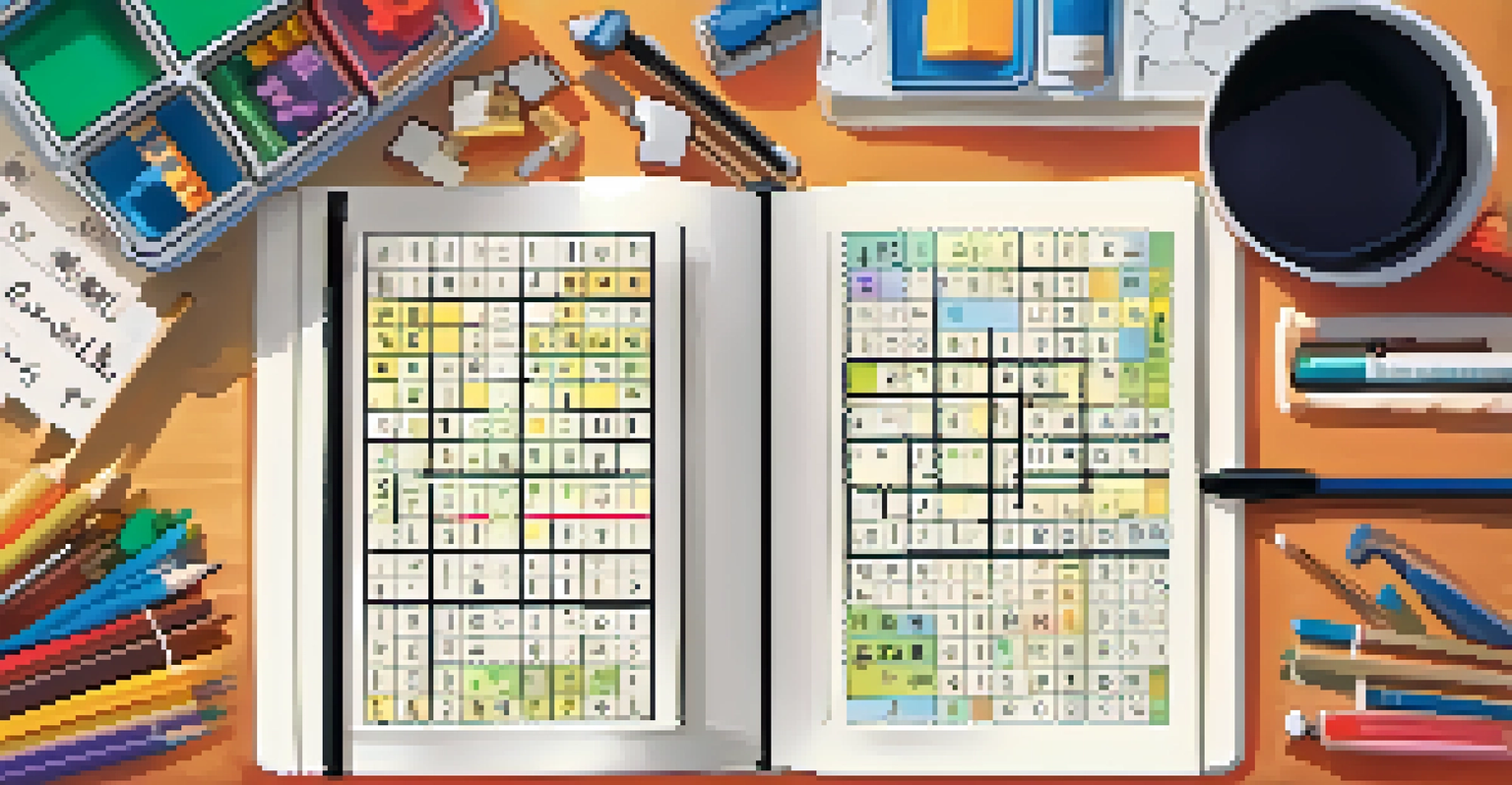 A desk with an open notebook filled with colorful notes about puzzle-solving strategies, alongside crossword and Sudoku puzzles.