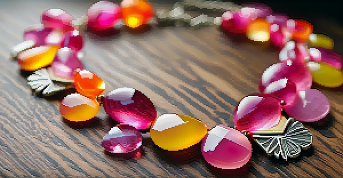 A vibrant tropical flower-inspired necklace with pink, orange, and yellow gemstones displayed on a textured wooden surface under soft natural light.