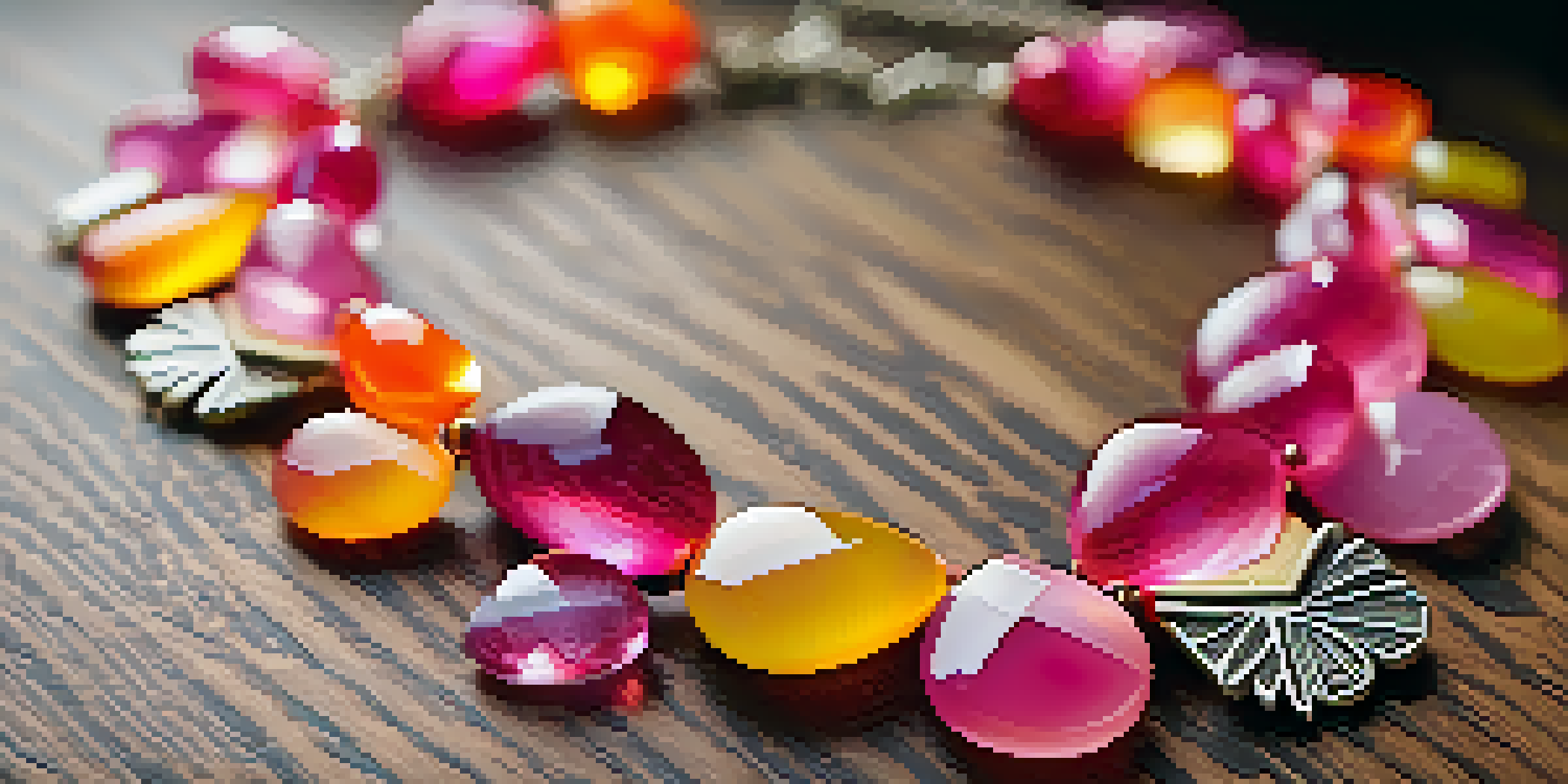 A vibrant tropical flower-inspired necklace with pink, orange, and yellow gemstones displayed on a textured wooden surface under soft natural light.